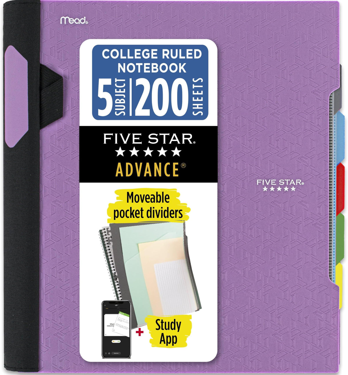 Five Star Advance Spiral Notebook + Study App, 5 Subject, College Ruled Paper, 8-1/2" x 11", 200 Sheets, Spiral Guard, Movable Tabbed Dividers, Seaglass Green (73148)