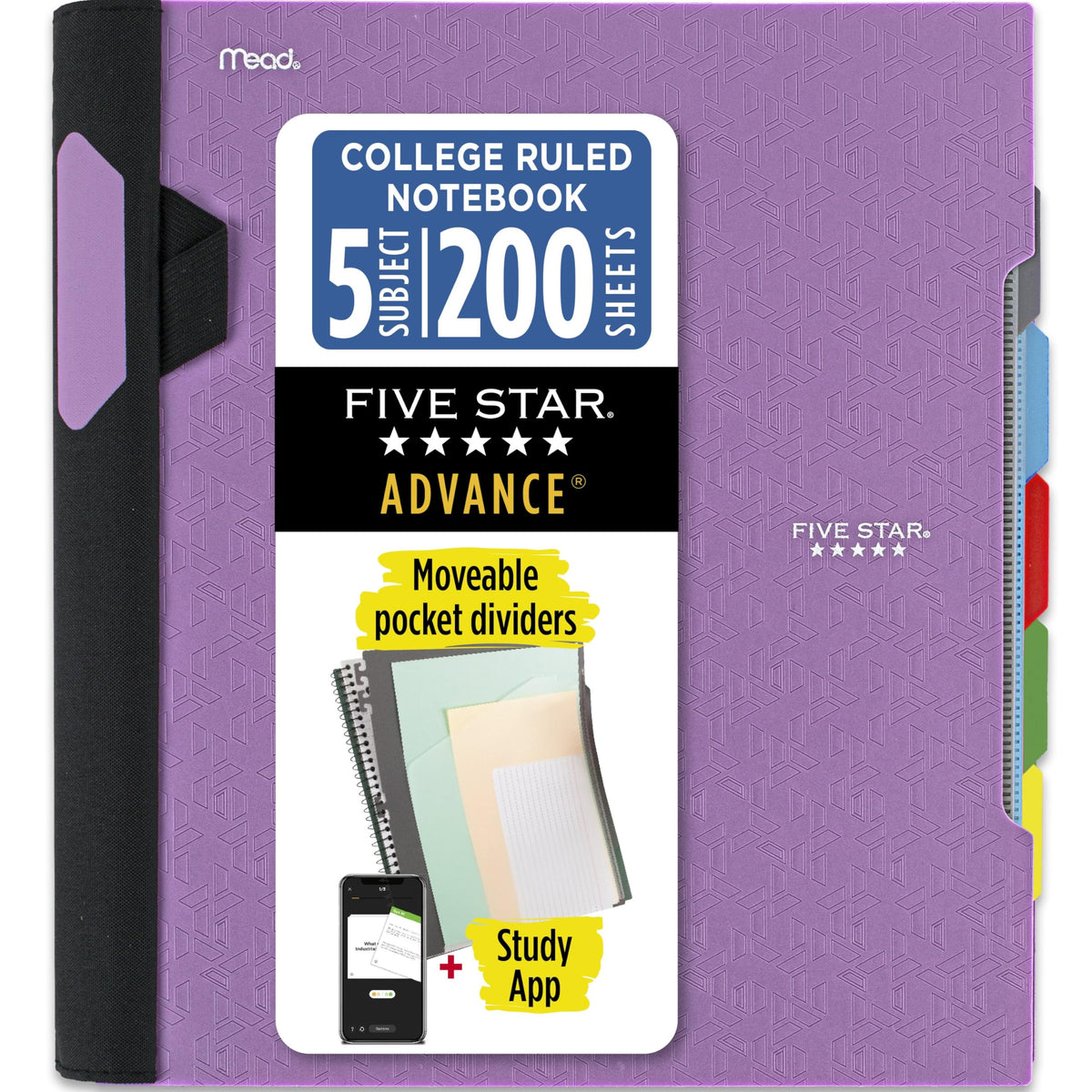 Five Star Advance Spiral Notebook + Study App, 5 Subject, College Ruled Paper, 8-1/2" x 11", 200 Sheets, Spiral Guard, Movable Tabbed Dividers, Seaglass Green (73148)